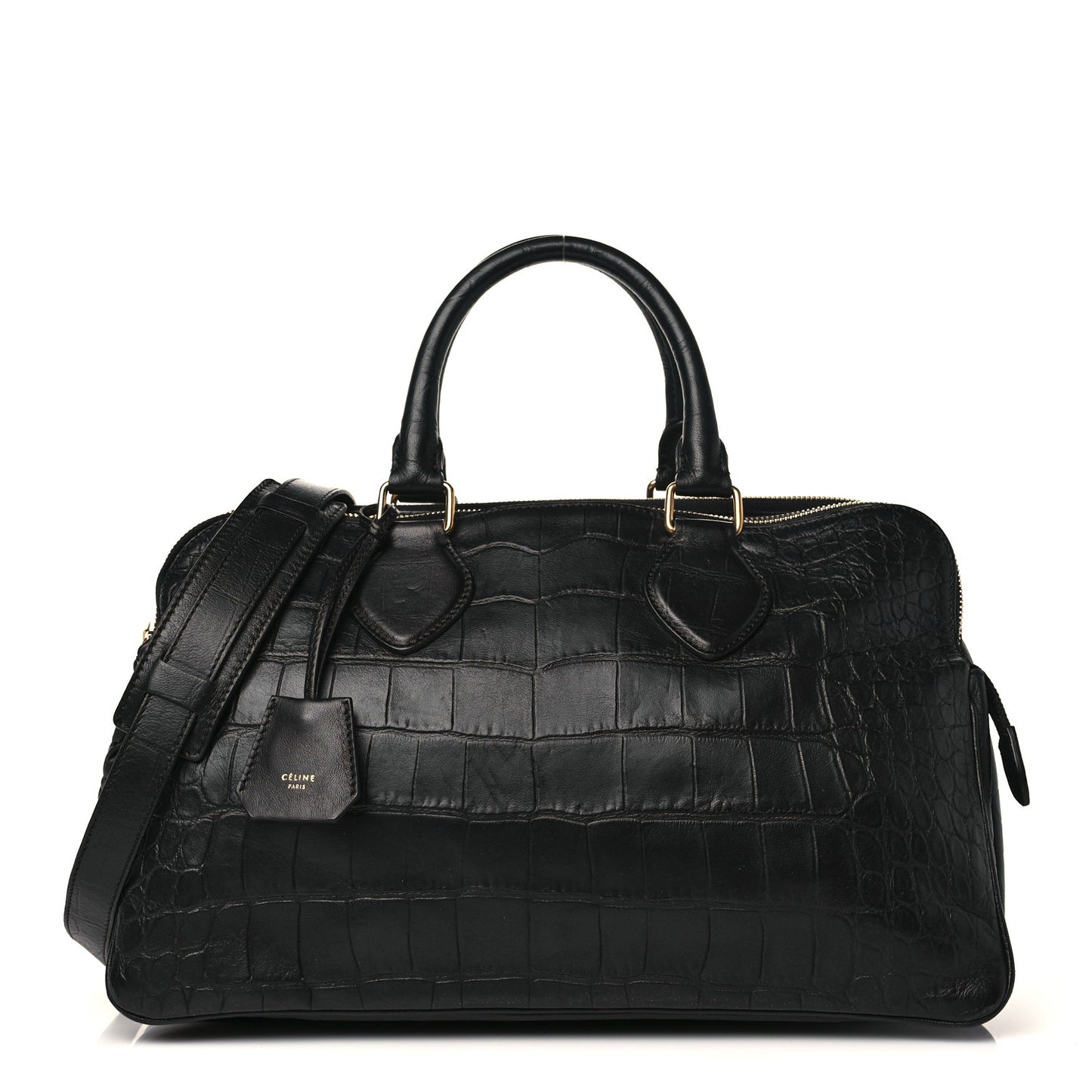 Crocodile Embossed Calfskin Small Triptyque Satchel Black