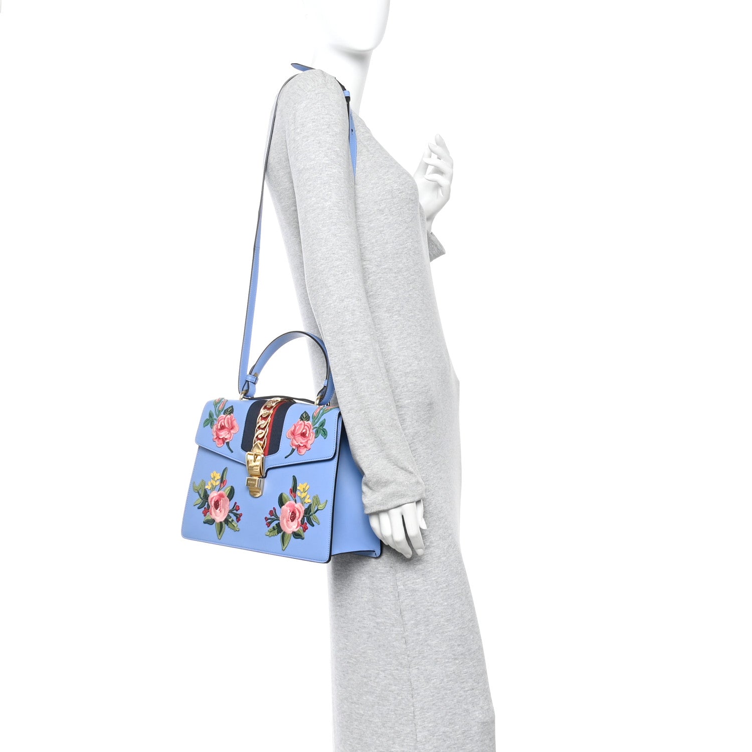 Gucci Calfskin Embroidered Medium Sylvie Top Handle Bag Clear Sky Blue 2 of 10