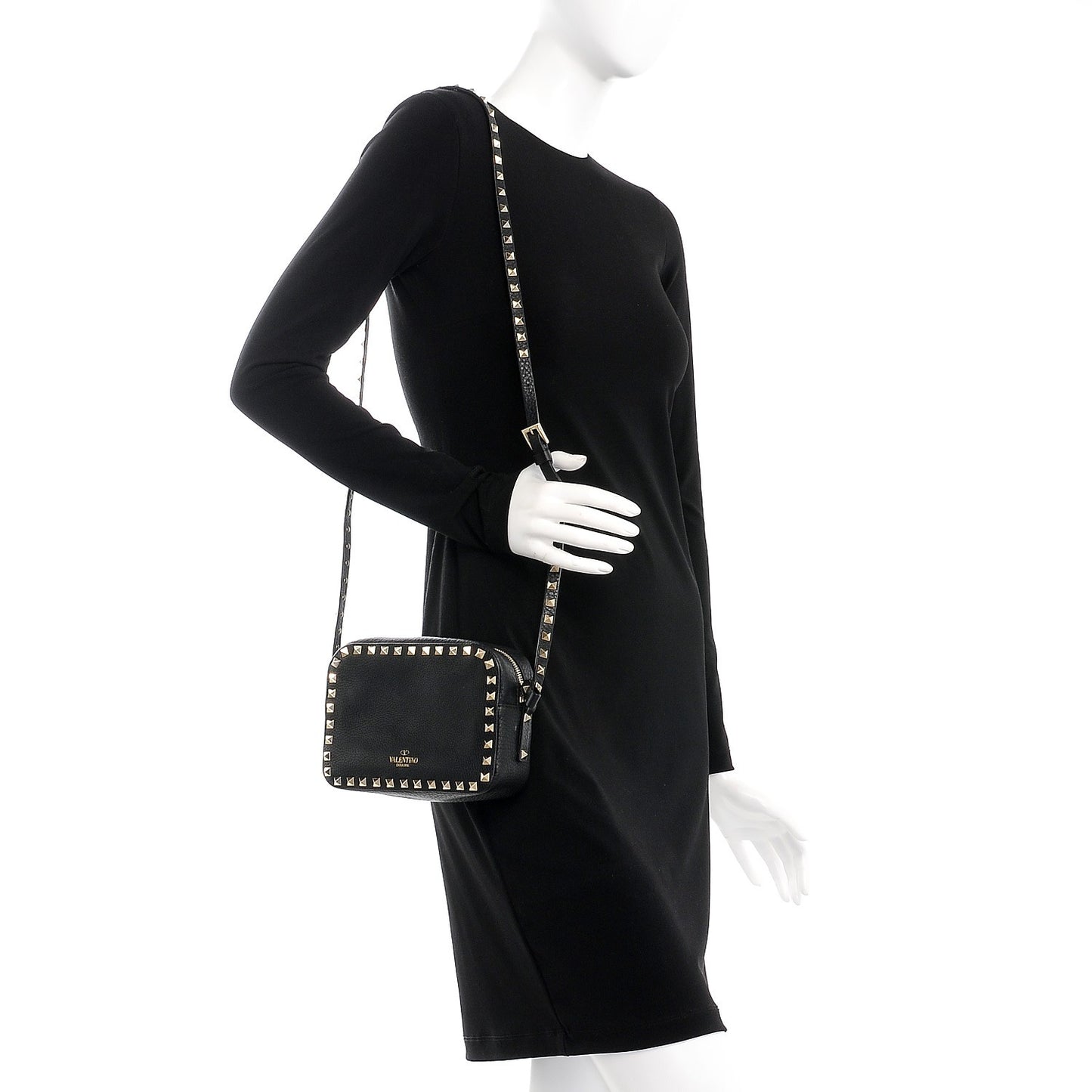 Grained Calfskin Rockstud Camera Crossbody Bag Black