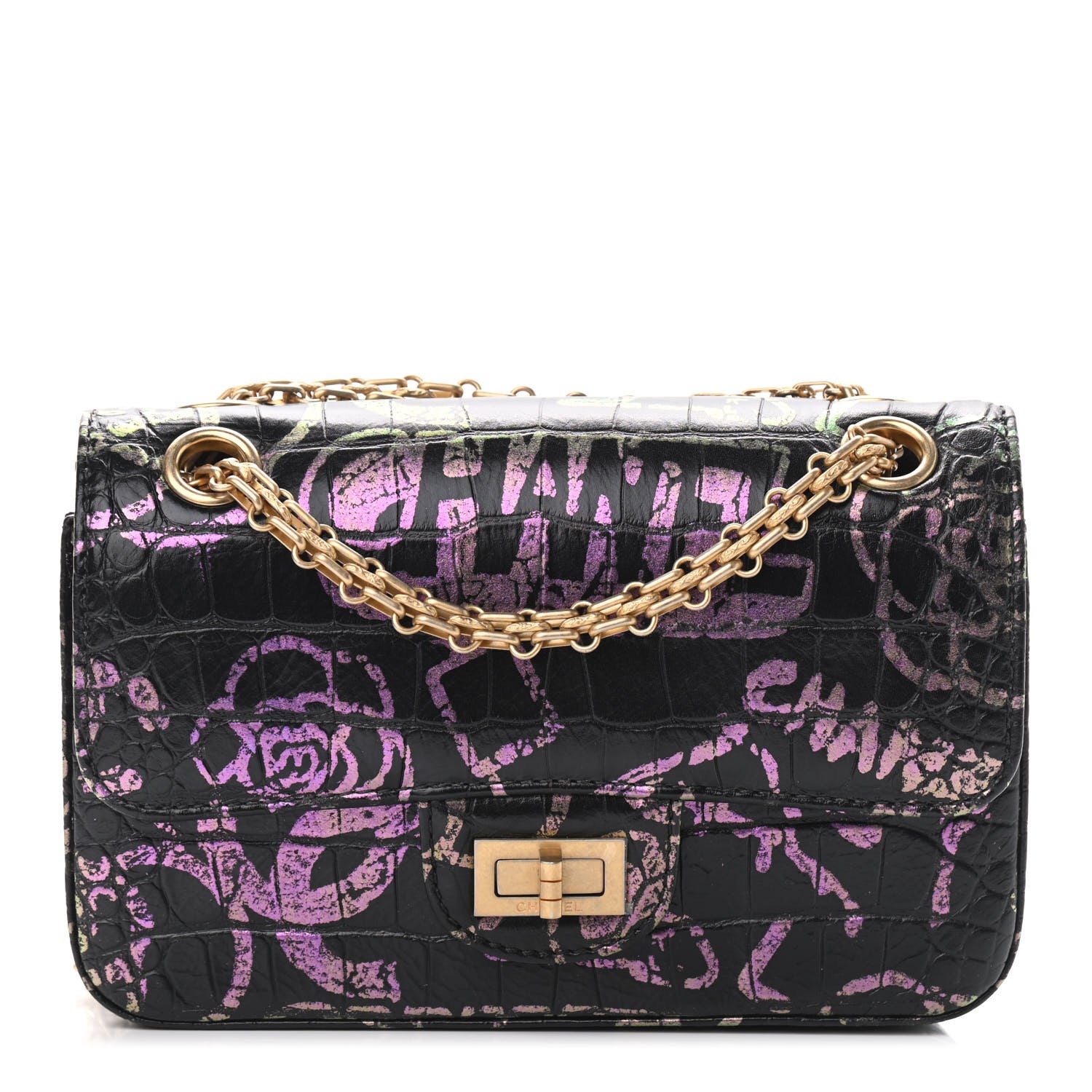 Chanel Calfskin Crocodile Embossed Graffiti 2.55 Mini Cocodile Reissue Flap Black Pink 1 of 9