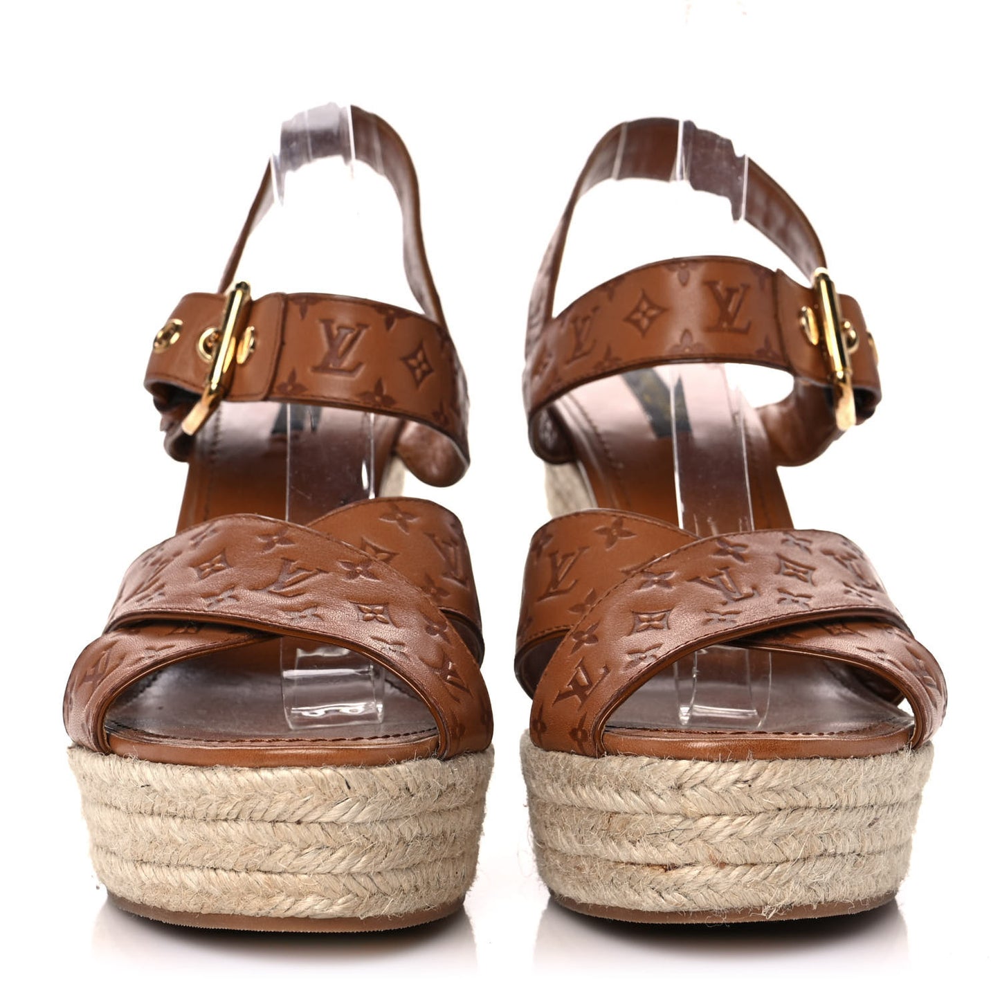 Calfskin Monogram Embossed Espadrille Wedge Sandals 41 Cognac