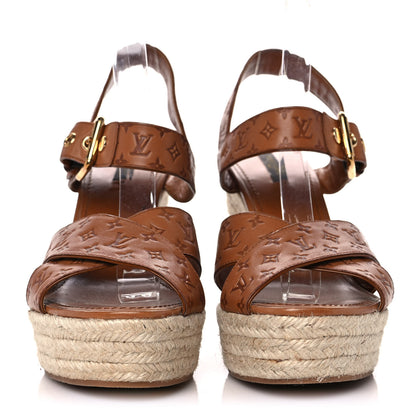 Louis Vuitton Calfskin Monogram Embossed Espadrille Wedge Sandals 41 Cognac 2 of 9