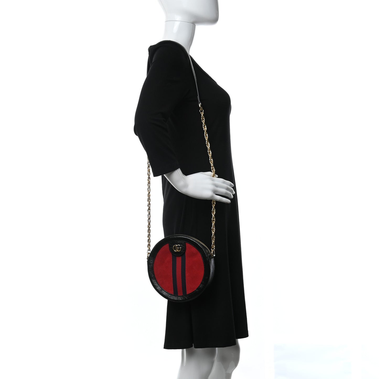 Suede Patent Web Mini Ophidia Round Shoulder Bag Hibiscus Red Black
