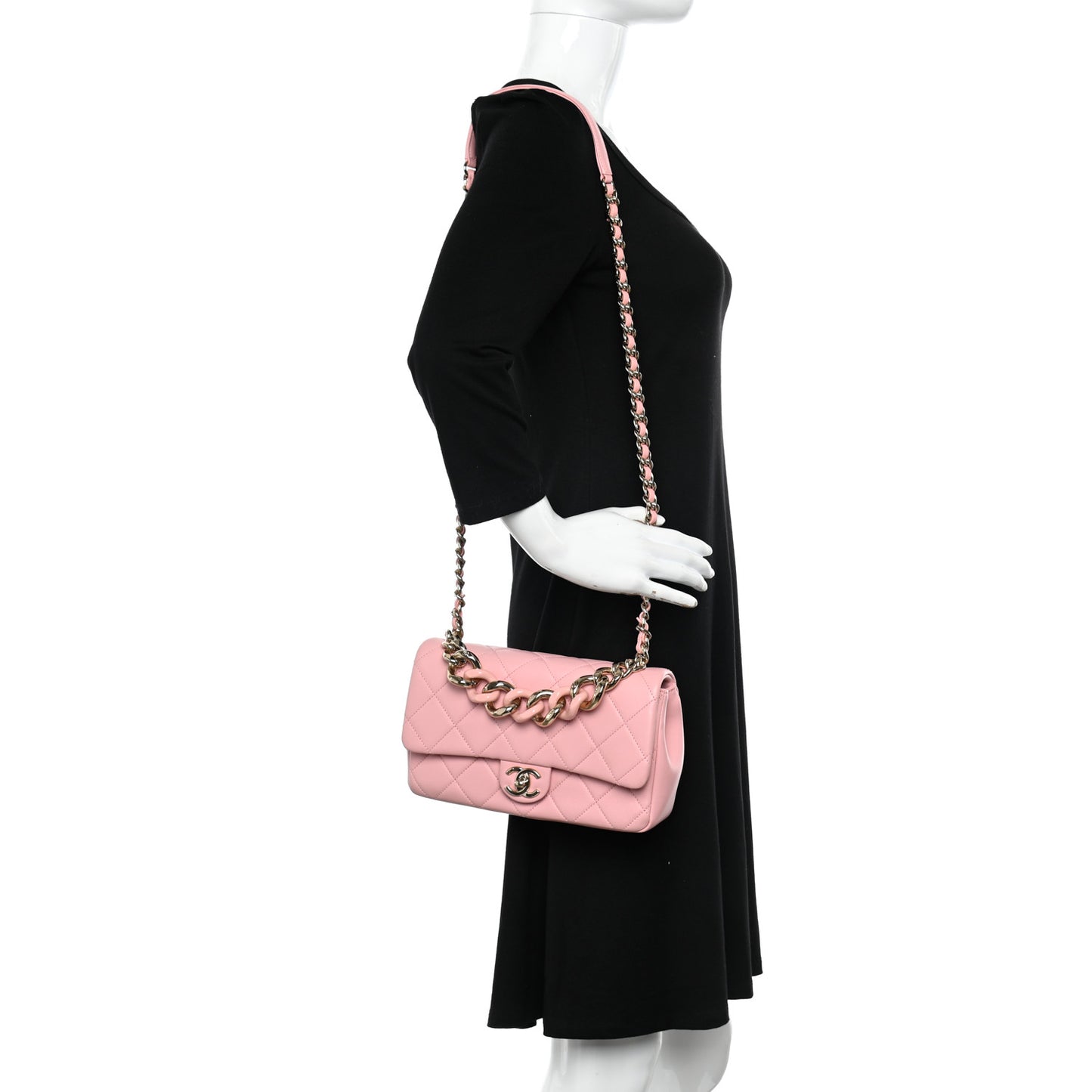 Lambskin Quilted Resin Bi-Color Chain Flap Bag Pink