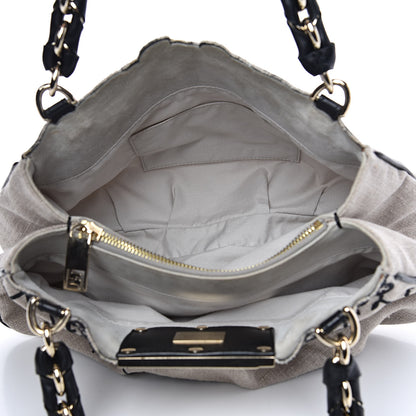 Fendi Linen Embroidered Small Mia Tote Black 6 of 16