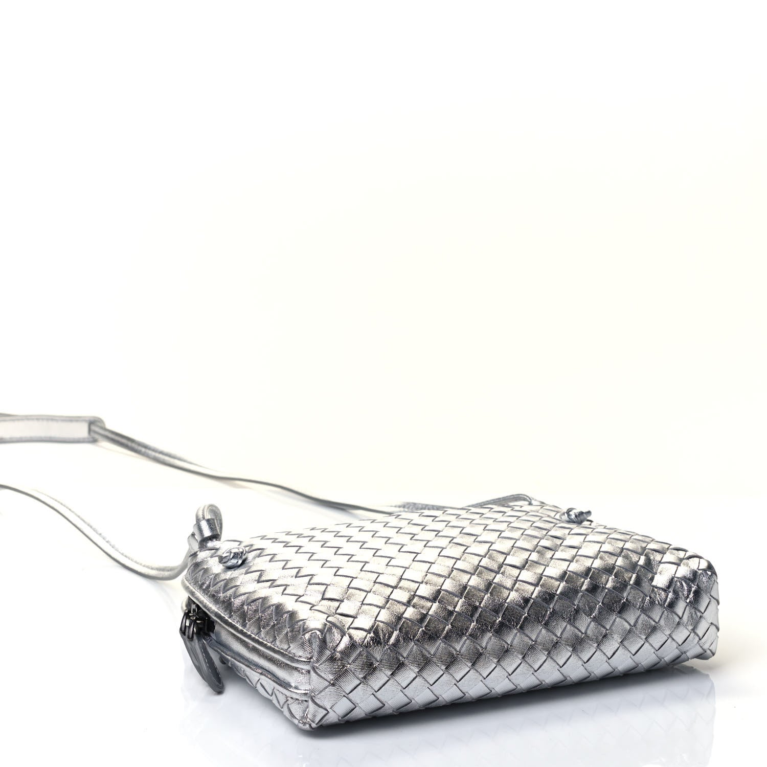 Bottega Veneta Metallic Grosgrain Intrecciato Pillow Crossbody Messenger Silver 3 of 4