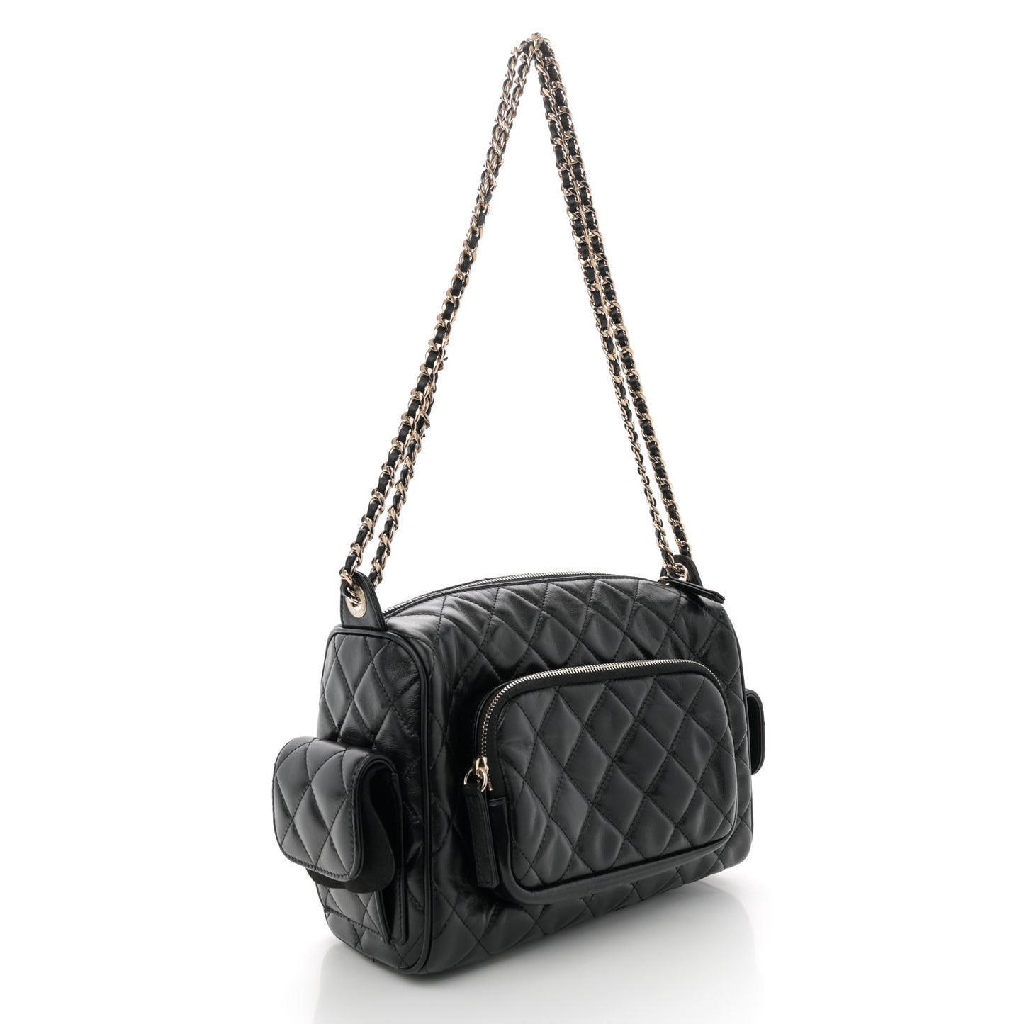 Shiny Crumpled Lambskin Quilted Medium Preppy Pocket Camera Case Black
