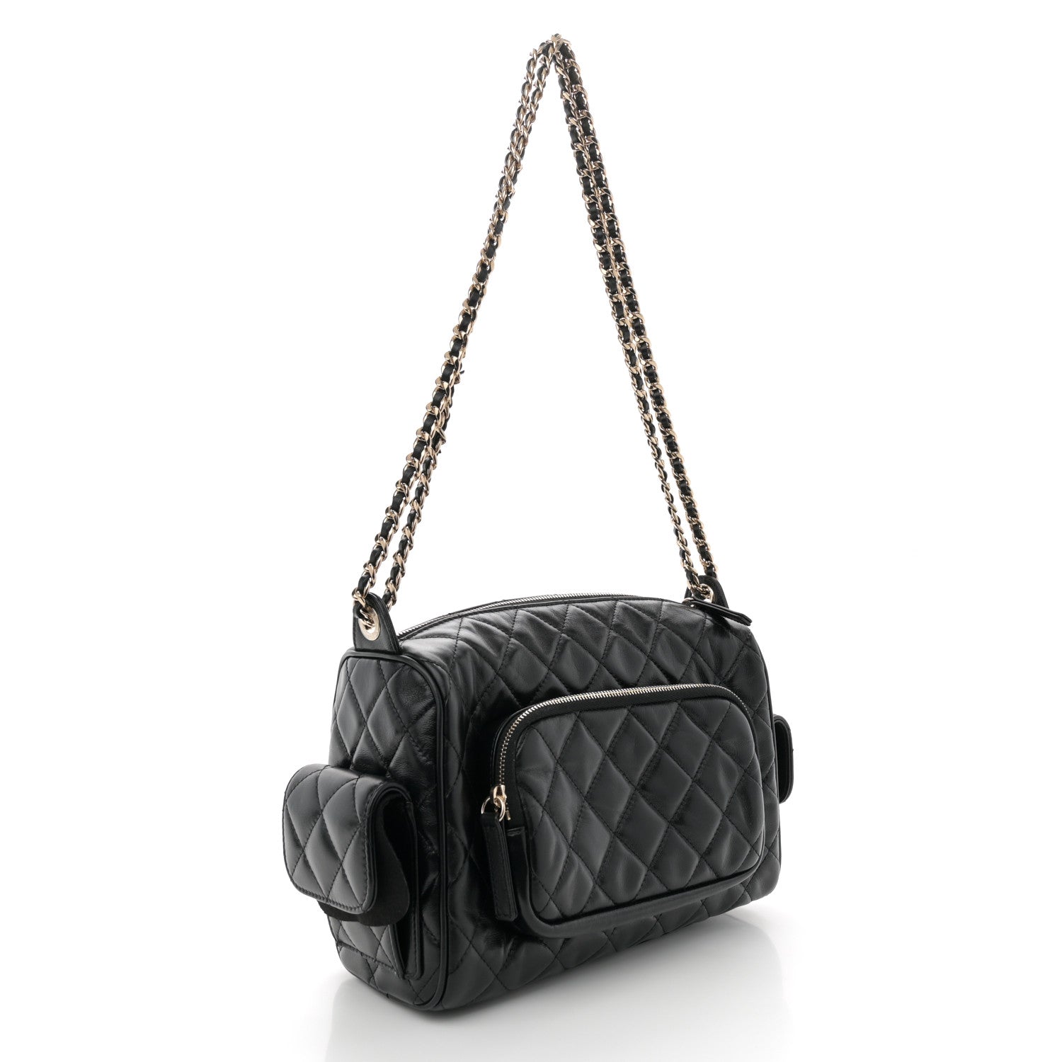 Chanel Shiny Crumpled Lambskin Quilted Medium Preppy Pocket Camera Case Black 3 of 12