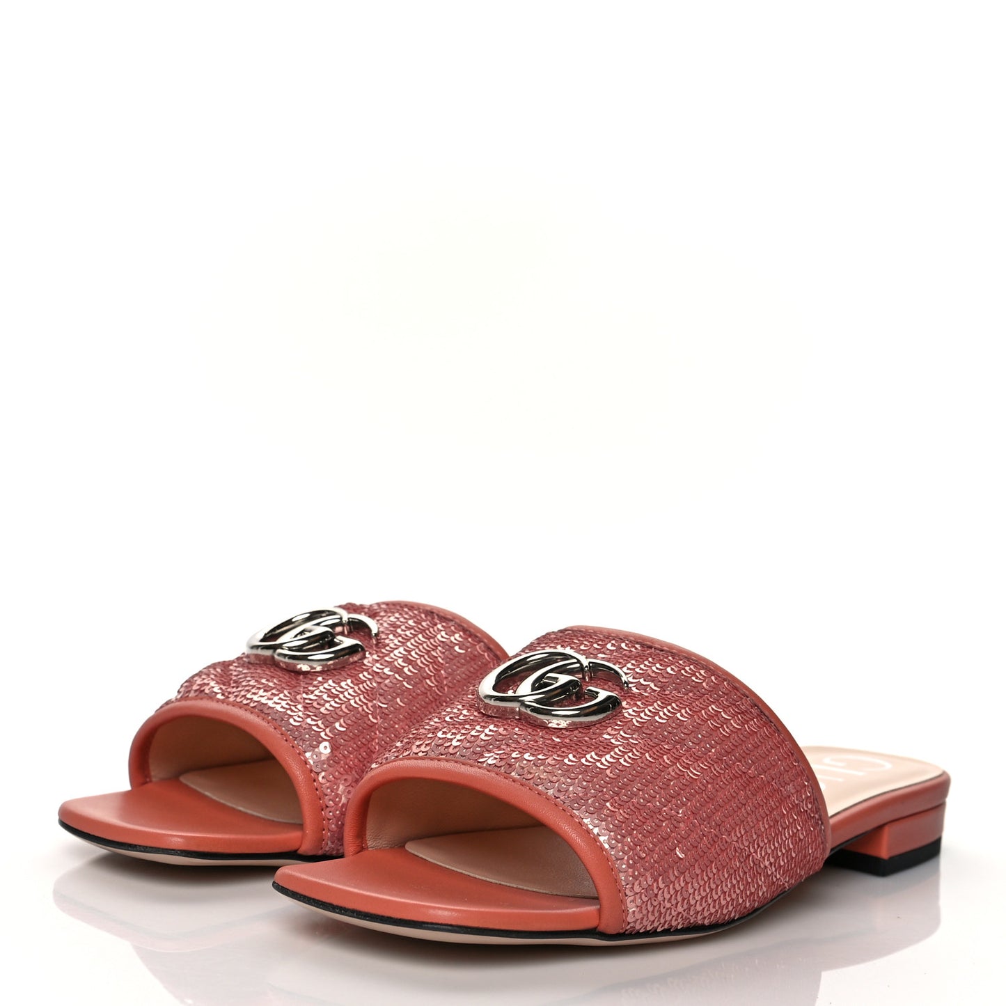 Sequin Satin Calfskin Matelasse GG Marmont Flat Slide Sandals 37 Antique Rose Rosa Pale Pink