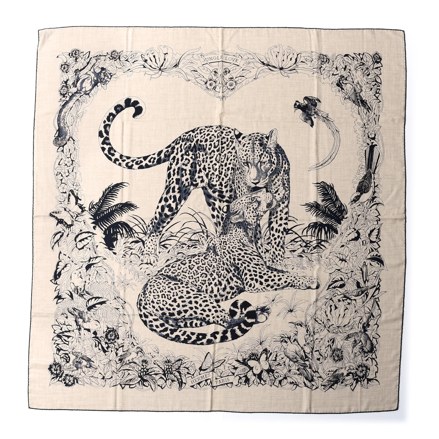 Cashmere Silk Jungle Love Tattoo Shawl 140 Natural Bleu Black