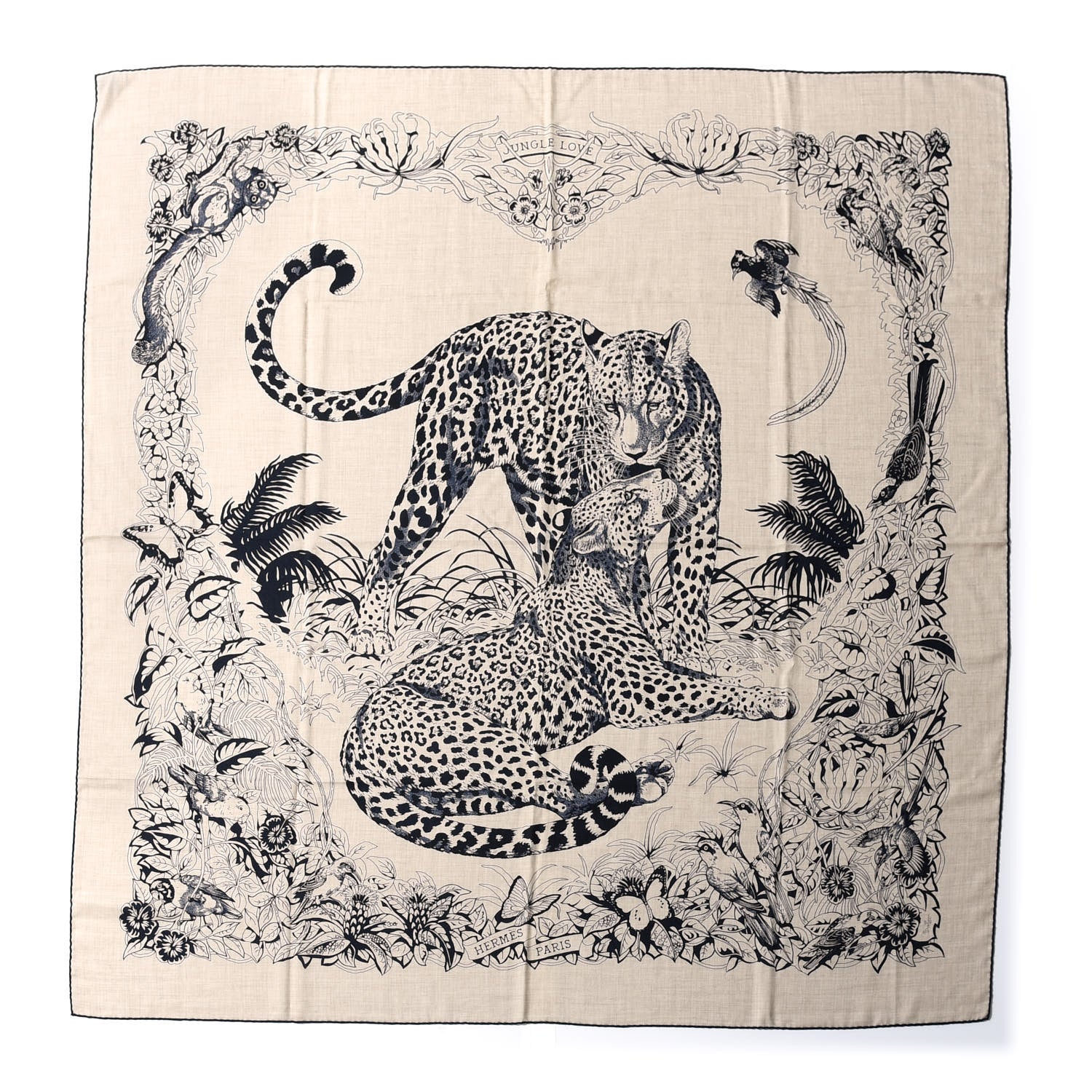 Hermes Cashmere Silk Jungle Love Tattoo Shawl 140 Natural Bleu Black 1 of 7
