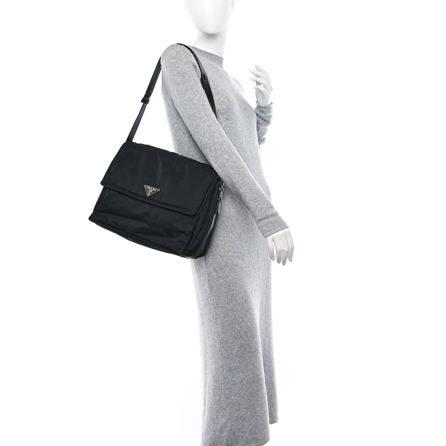 Re-Nylon Vitello Padded Large Flap Shoulder Bag Black