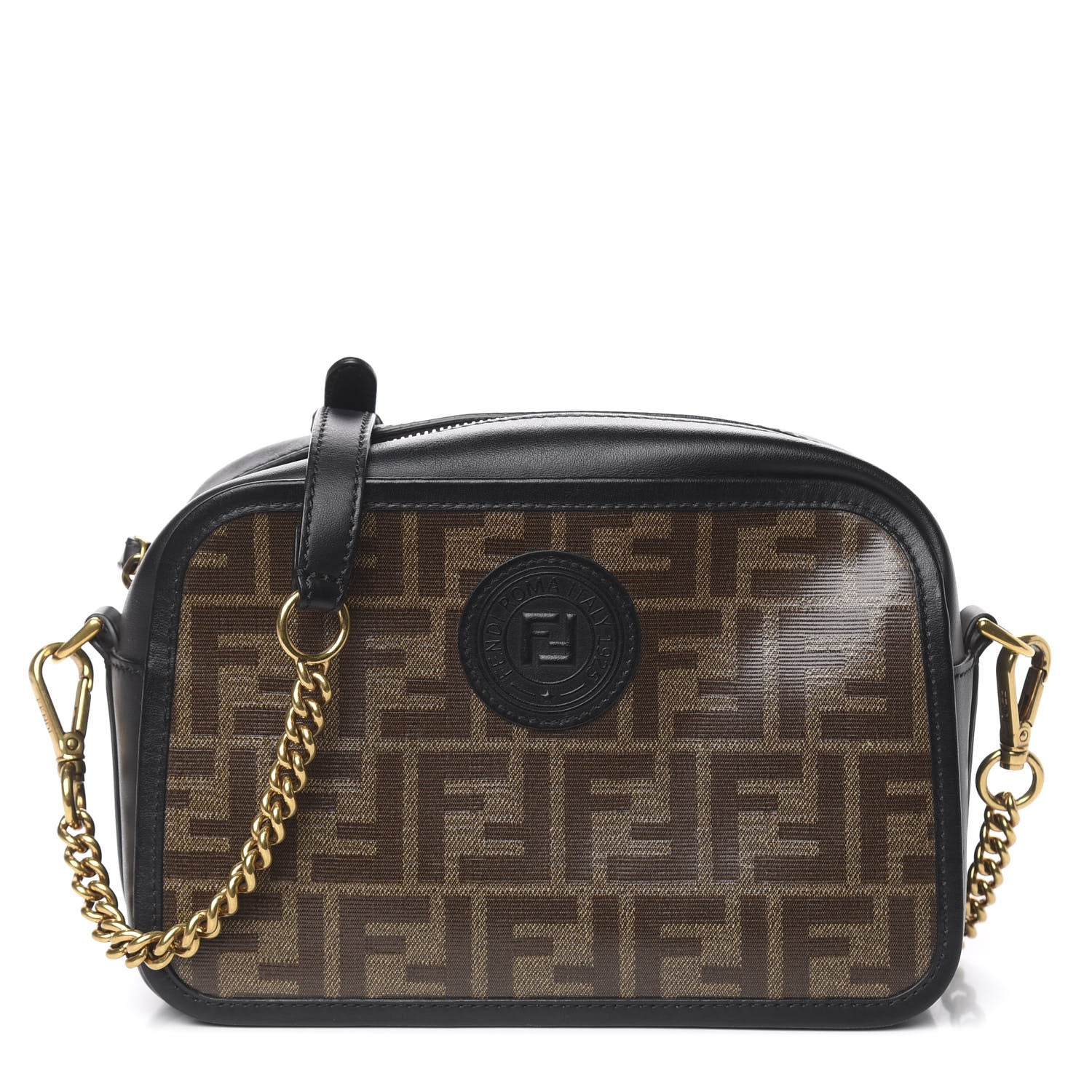 Fendi Glazed Fabric Vitello Century FF 1974 Stamp Patch Camera Case Mogano Panna Black 1 of 11