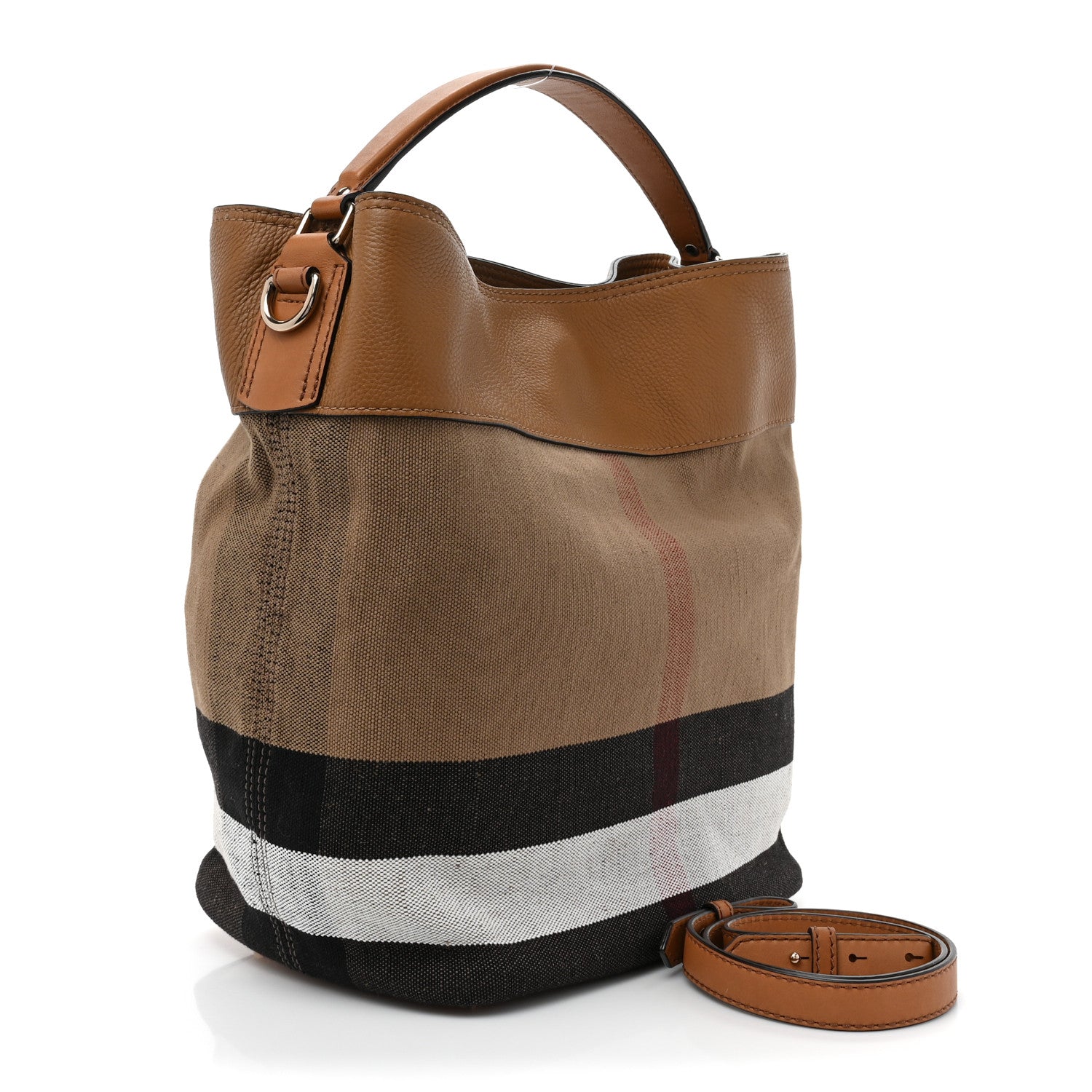 Burberry Grainy Calfskin Canvas Mega Check Medium Ashby Tassel Hobo Saddle Brown 3 of 15