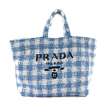 Prada Yarn Raffia Effect Crochet Embroidered Large Logo Tote Celeste 1 of 11