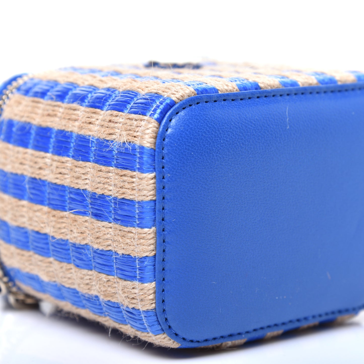 Raffia Jute Striped Mini Vanity Case With Chain Blue Beige