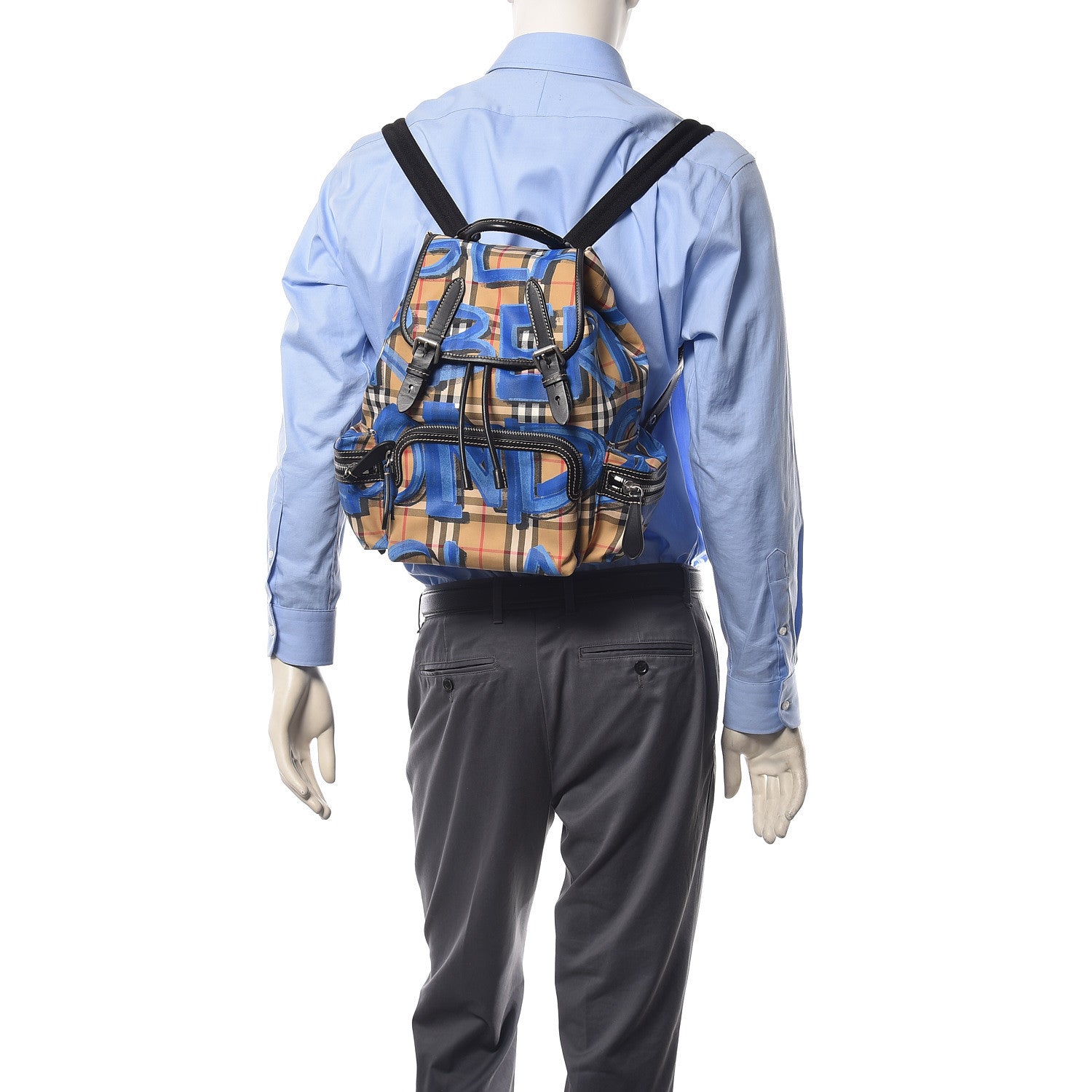Burberry Vintage Check Graffiti Print Medium Rucksack Backpack Blue Antique Yellow 2 of 9