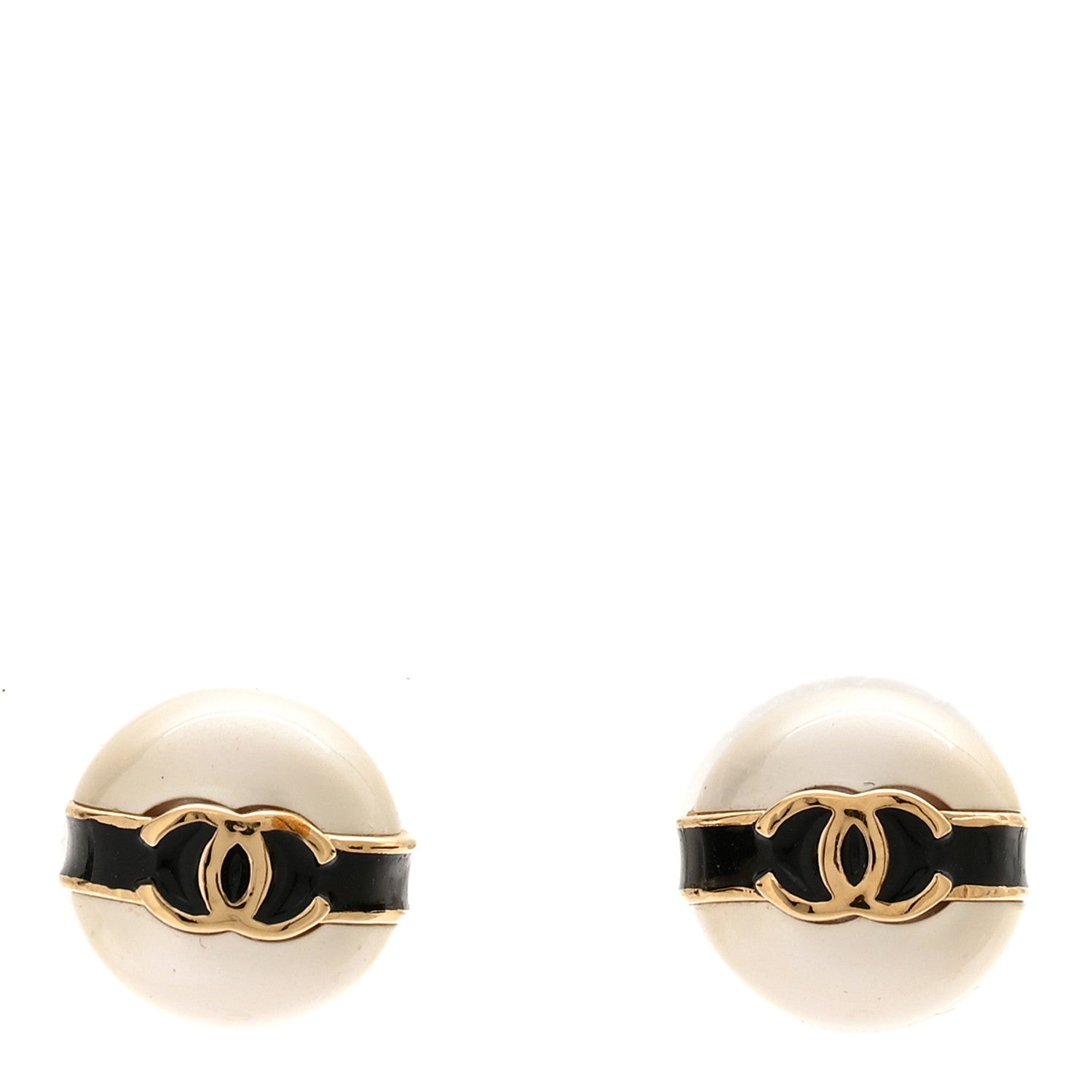 Chanel Pearl Metal CC Stud Earrings Gold Black White 1 of 5