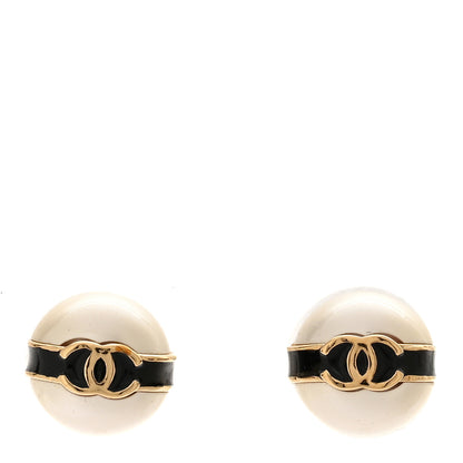 Chanel Pearl Metal CC Stud Earrings Gold Black White 1 of 5