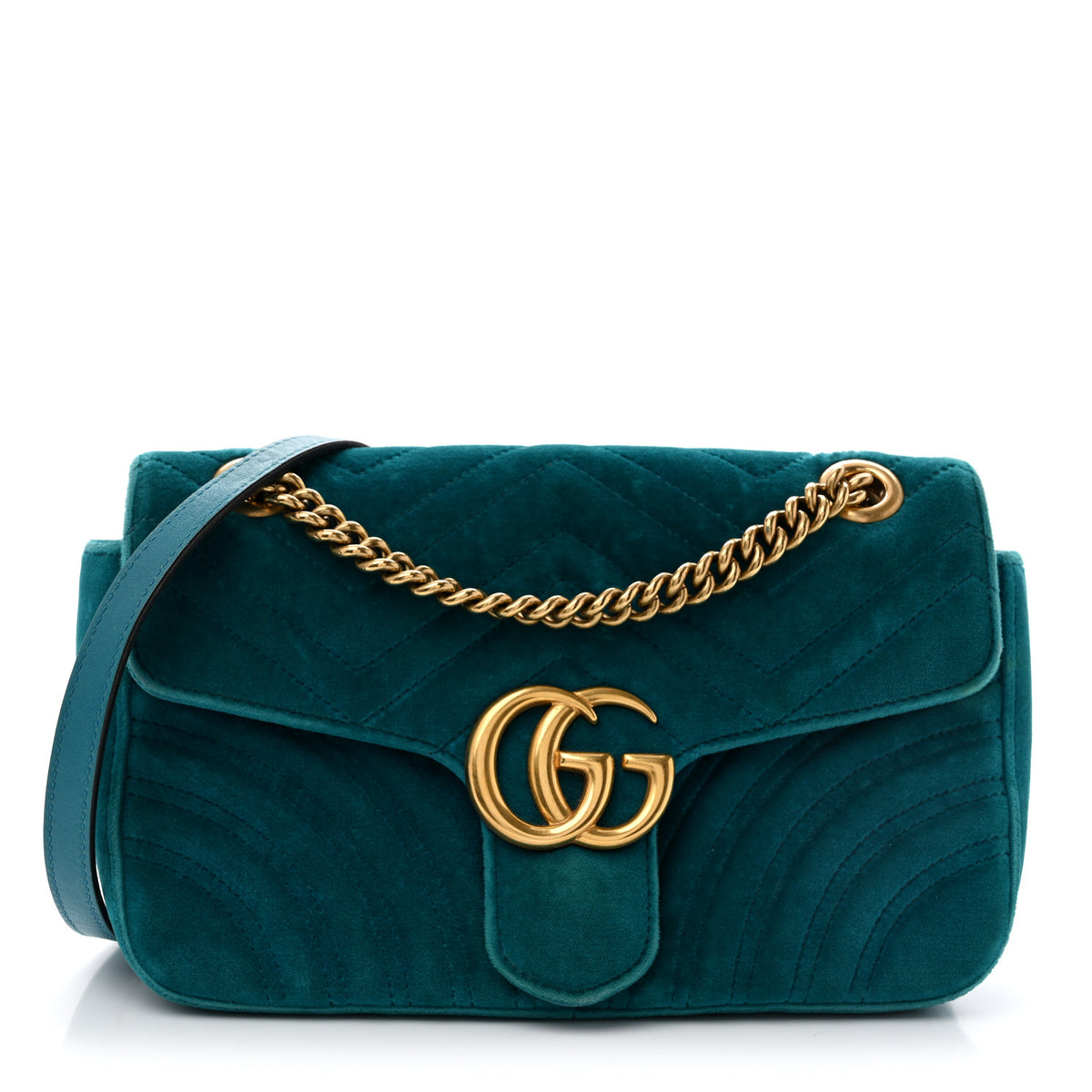 Gucci Velvet Matelasse Small GG Marmont Shoulder Bag Pavone Cyan 1 of 12