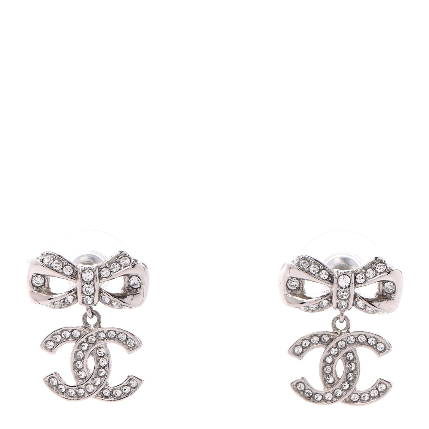 Crystal CC Bow Dangle Earrings Silver