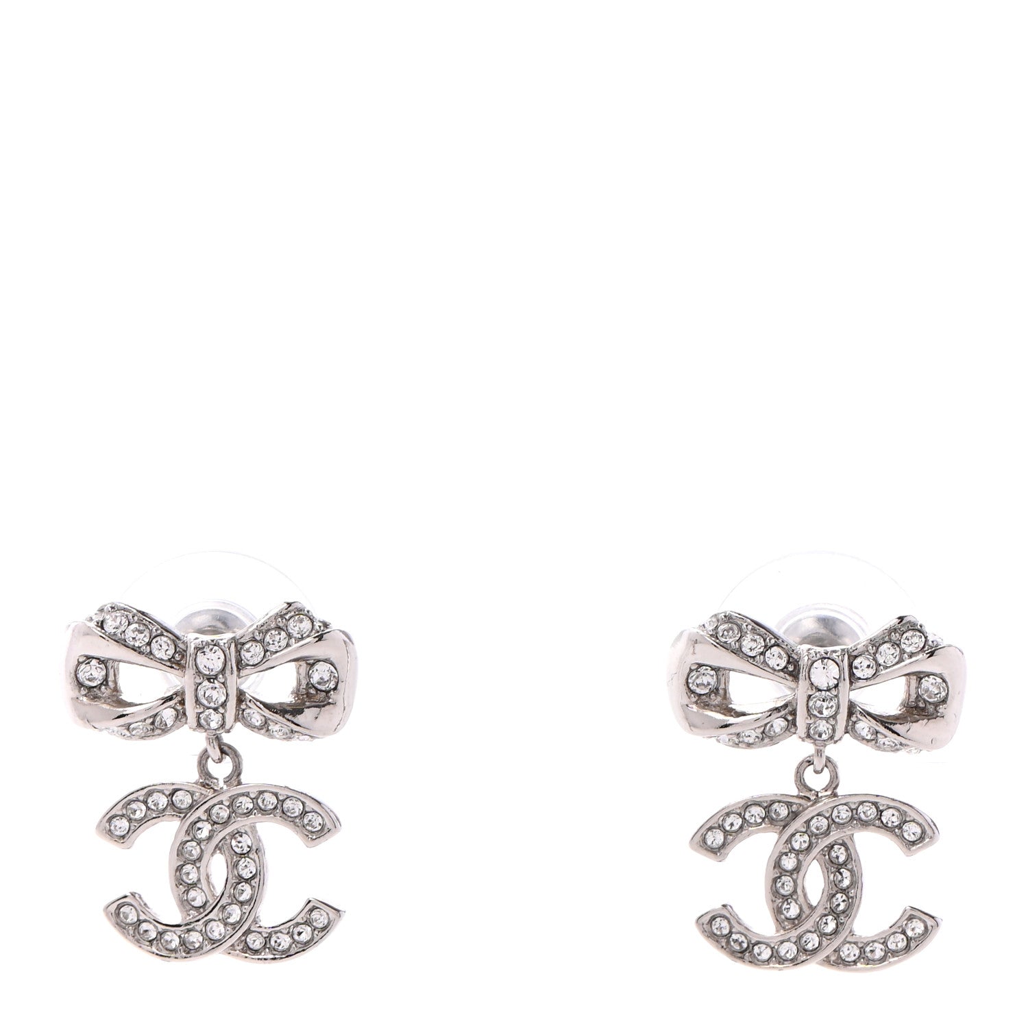 Chanel Crystal CC Bow Dangle Earrings Silver 1 of 4