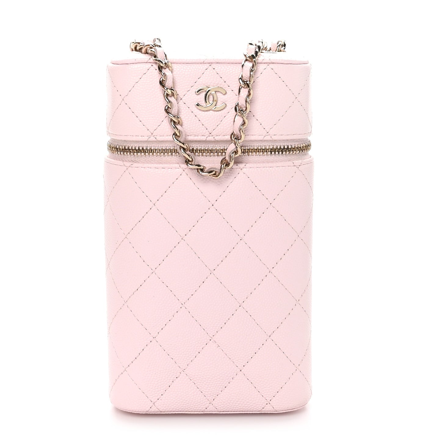 Caviar Quilted Phone Holder With Chain Light Pink