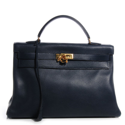Hermes Taurillon Clemence Kelly 40 w/ Pelican Cadena Lock Bleu Marine 1 of 39