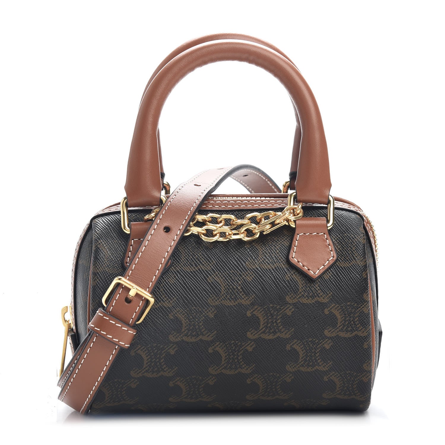 Celine Triomphe Canvas Calfskin Mini Boston Bag Tan 1 of 4