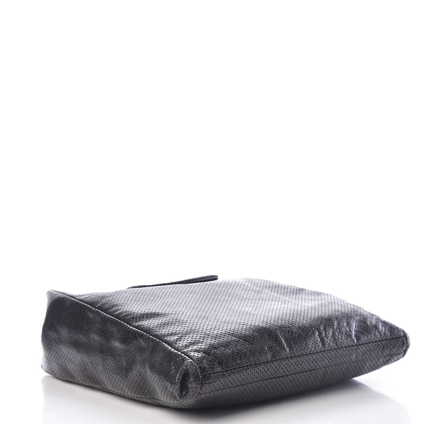 Metallic Crackled Calfskin Perforated Drill Shoulder Bag Black