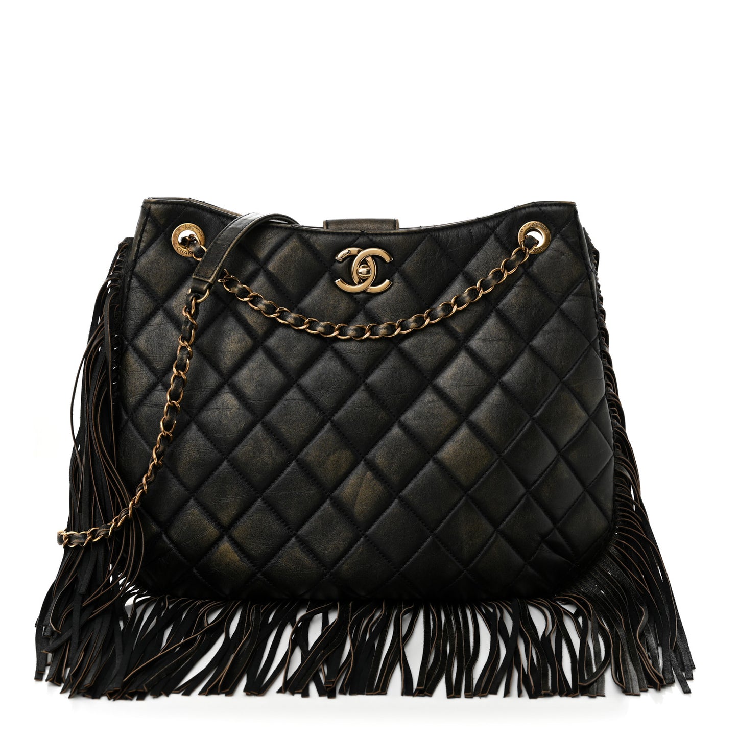 Calfskin Quilted Into The Fringe Hobo Black Gold