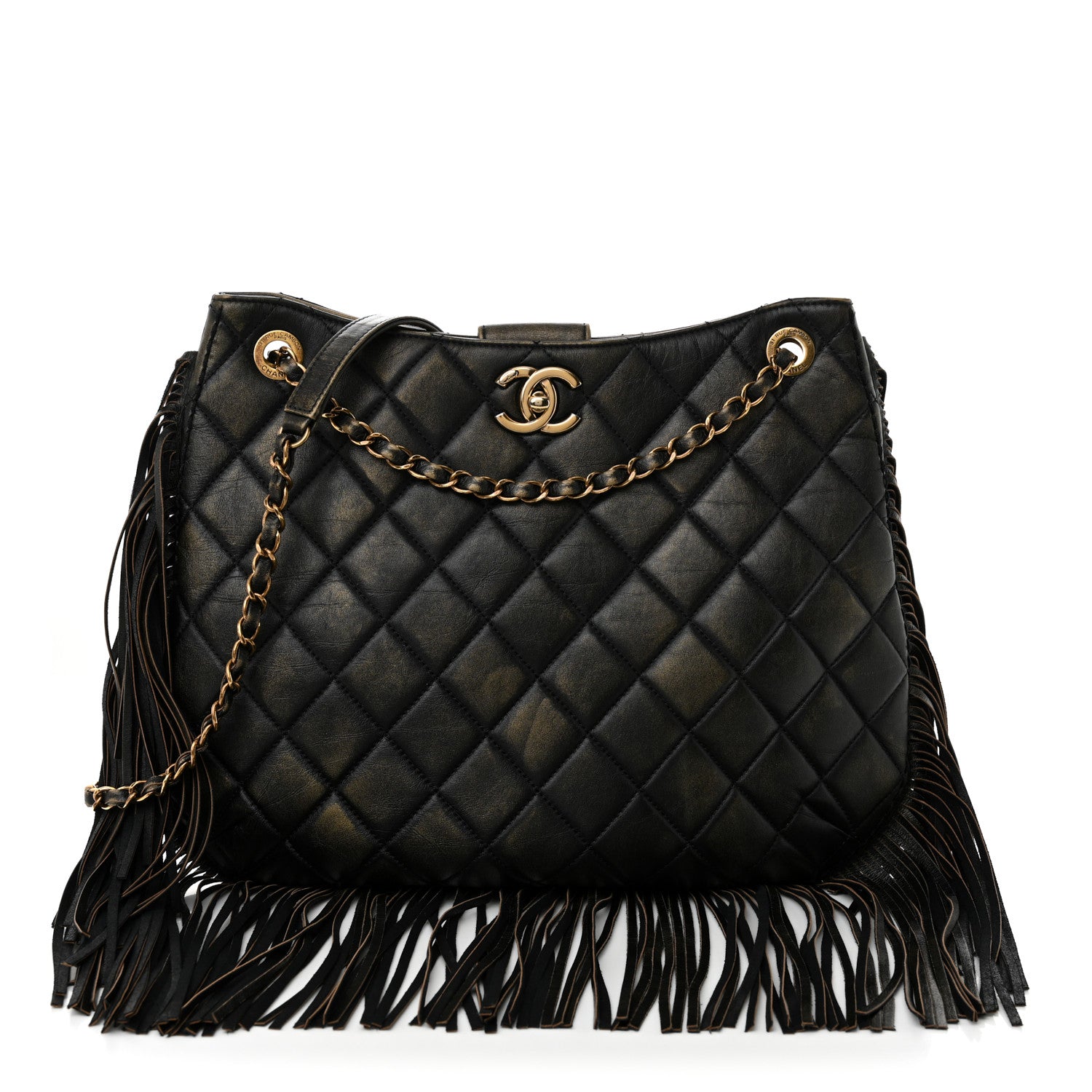 Chanel Calfskin Quilted Into The Fringe Hobo Black Gold 1 of 10