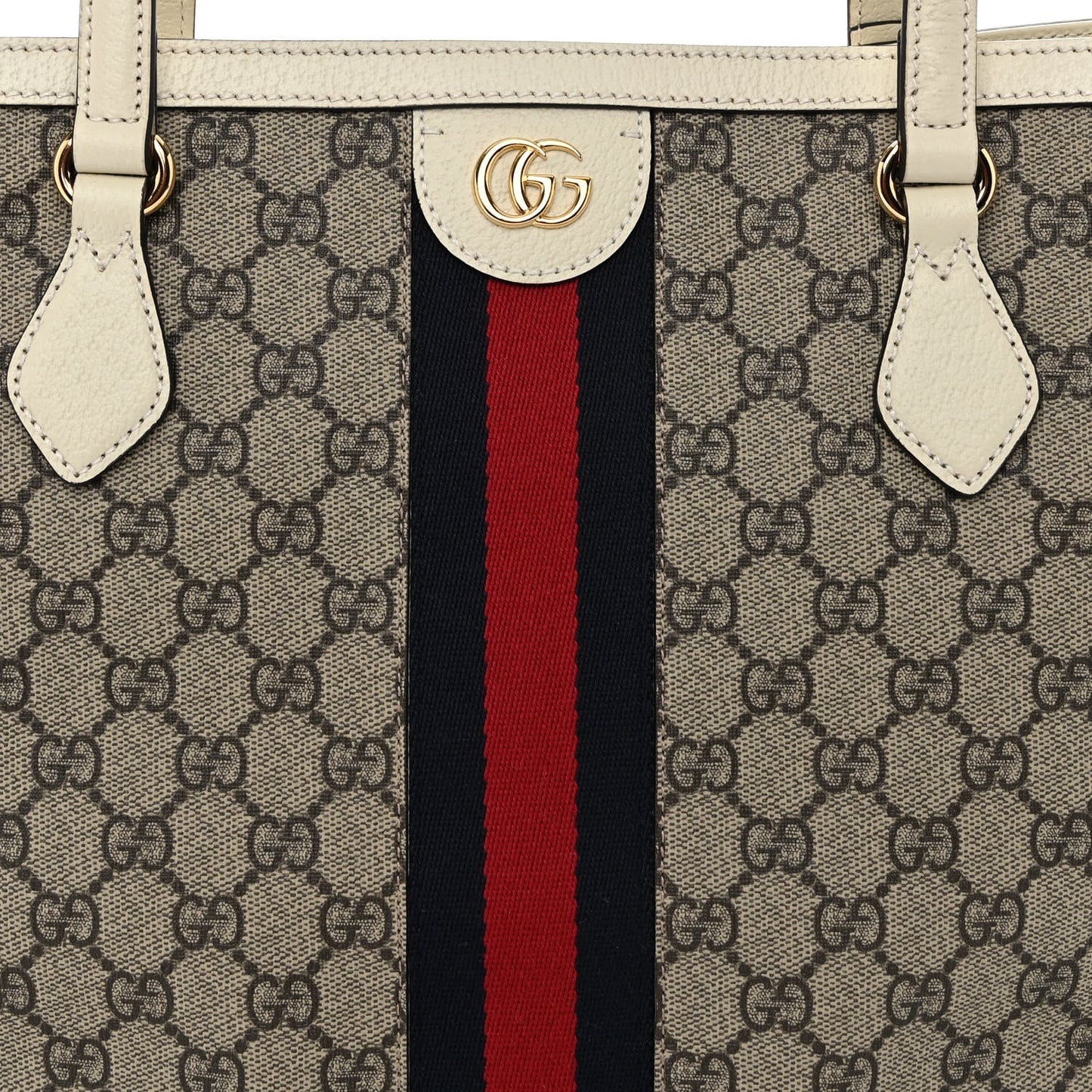 GG Supreme Monogram Textured Dollar Calfskin Web Medium Ophidia Shopping Tote Beige Ebony Mystic White