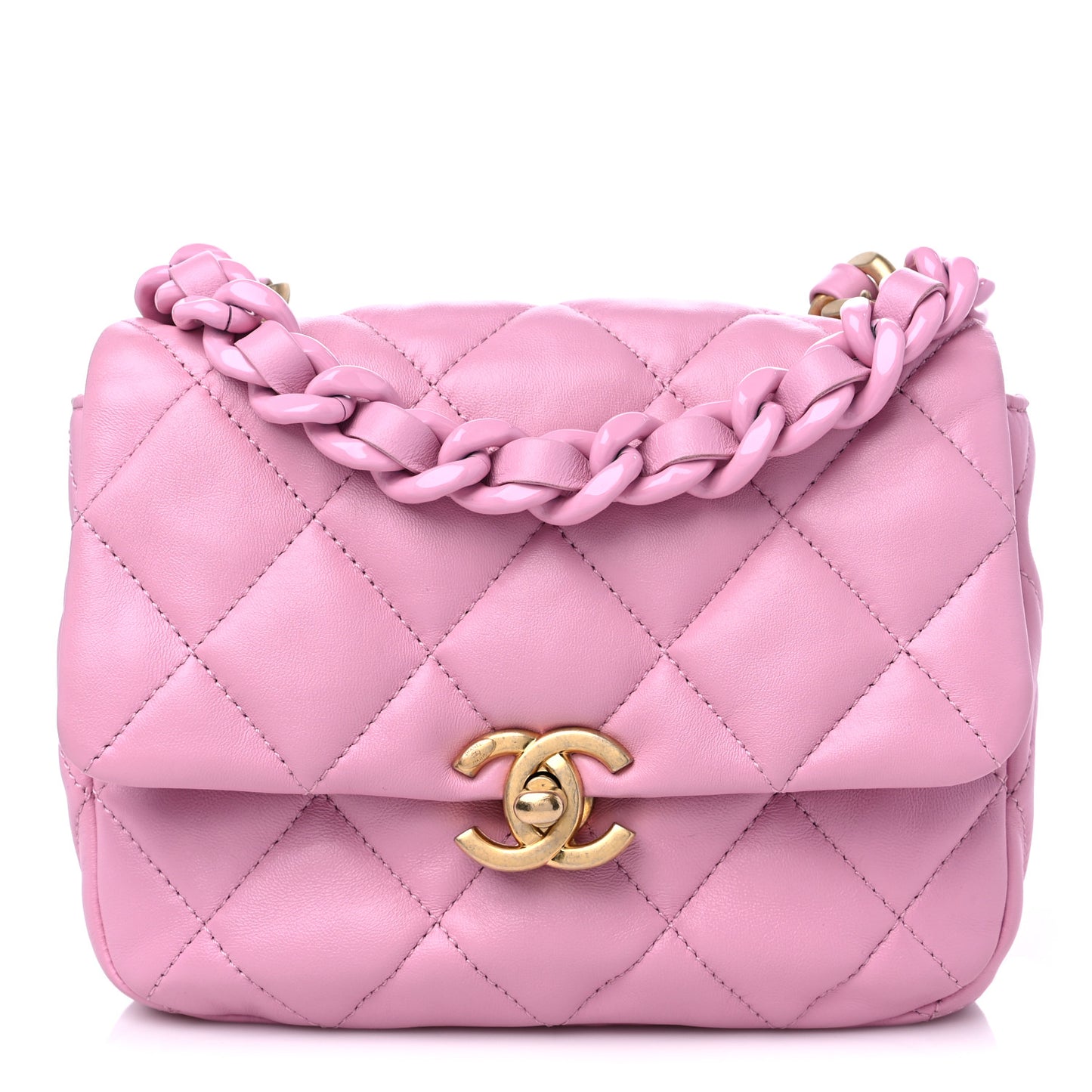 Lambskin Quilted Mini Lacquered Chain Flap Pink