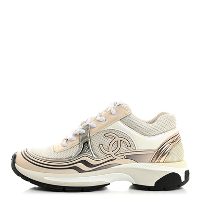 Chanel Fabric Laminated Calfskin Stretch CC Sneakers 38 White Gold Silver 1 of 9