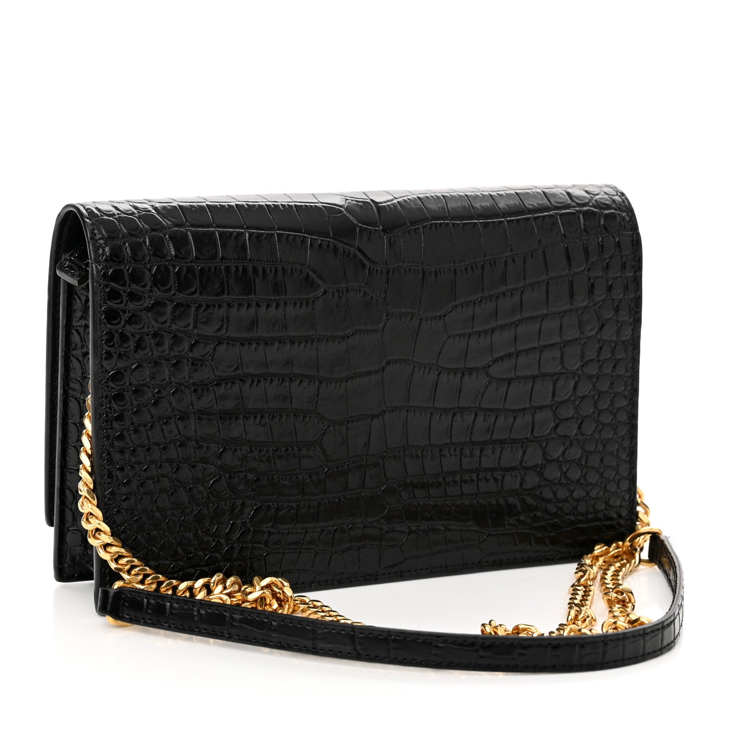 Saint Laurent Calfskin Crocodile Embossed Kate Monogram Tassel Chain Wallet Black 3 of 9
