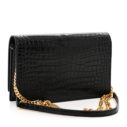 Saint Laurent Calfskin Crocodile Embossed Kate Monogram Tassel Chain Wallet Black 3 of 9