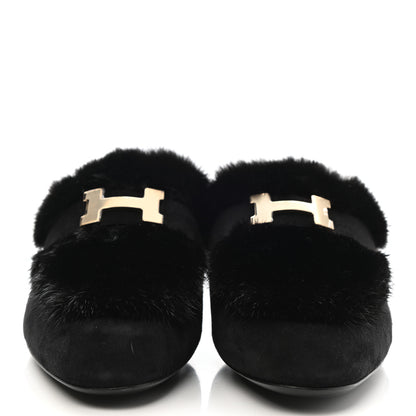 Hermes Mink Fur Suede Goatskin Trocadero Mule 37.5 Black 2 of 8