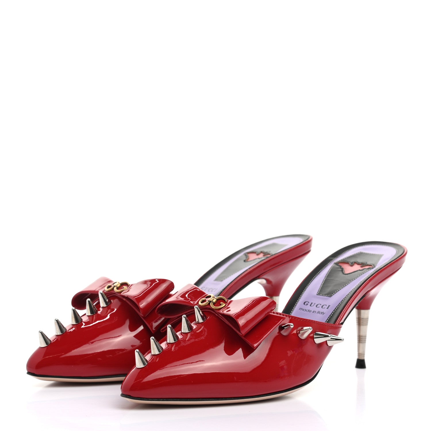 Gucci Patent GG Bow Sadie Spike Mid Heel Mules 38 Hibiscus Red 3 of 8