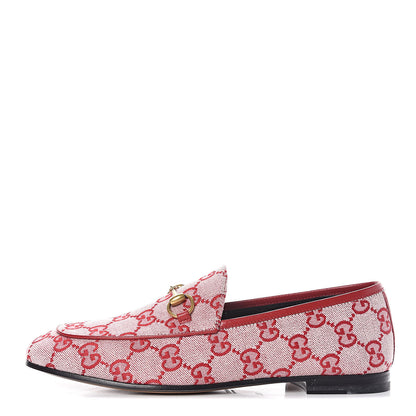 Gucci Canvas GG Monogram Horsebit Womens Jordaan Loafers 36.5 Gardenia Hibiscus Red 1 of 9