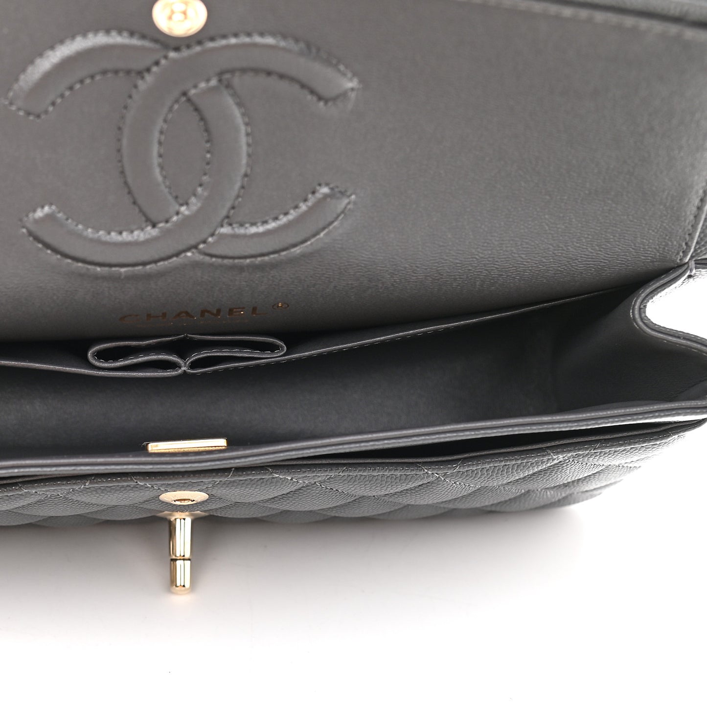 Caviar Quilted Medium Double Flap Dark Grey
