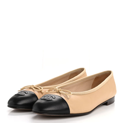 Chanel Lambskin Cap Toe CC Ballerina Flats 39 Beige Black 4 of 12