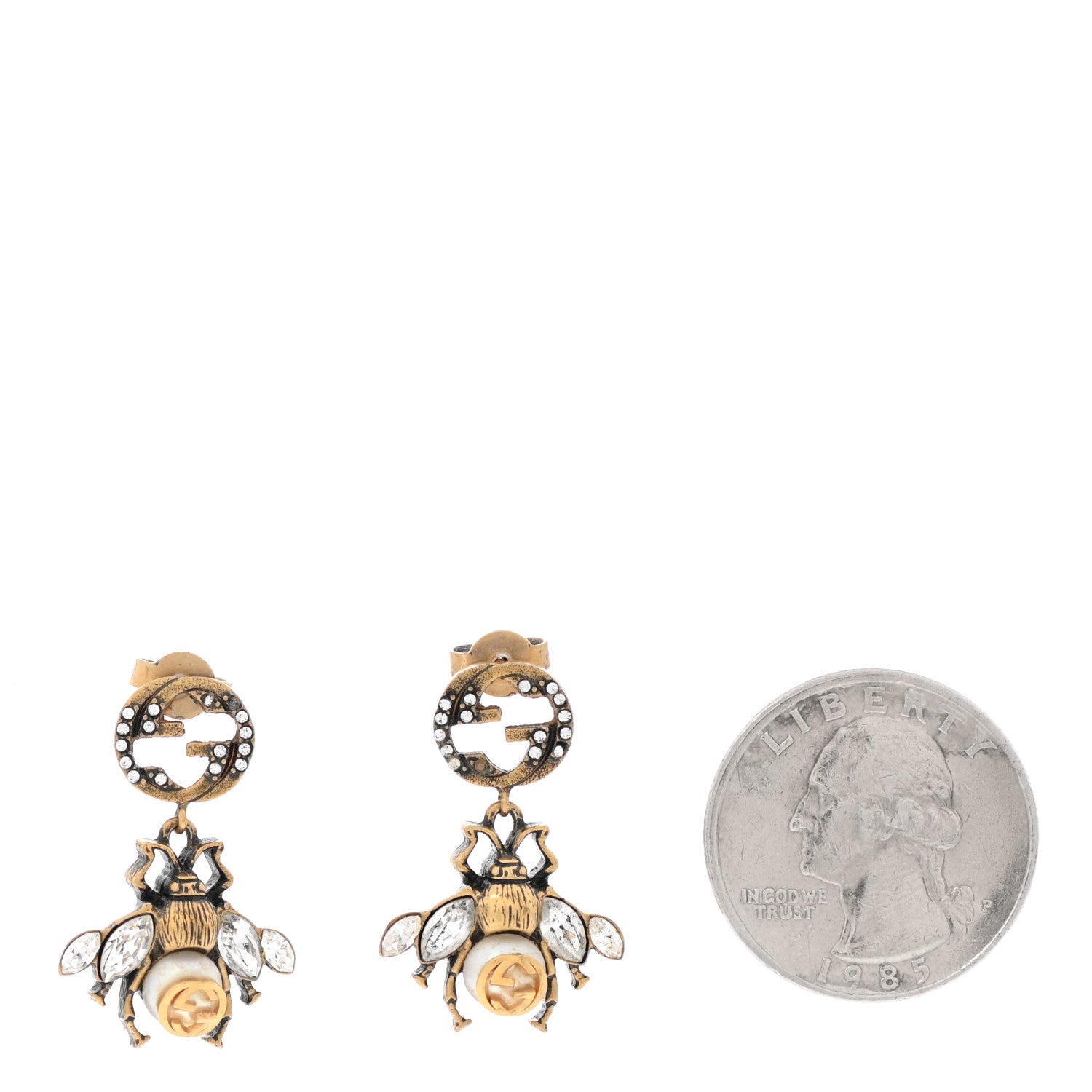 Gucci Crystal Pearl GG Drop Bee Earrings Gold 2 of 4