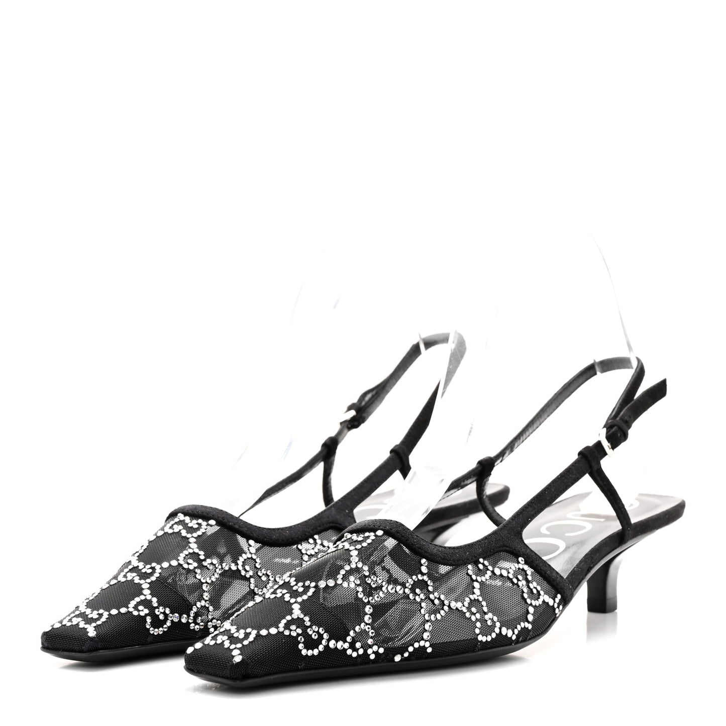 Suede Mesh Crystal GG Monogram Slingback Pumps 39 Black