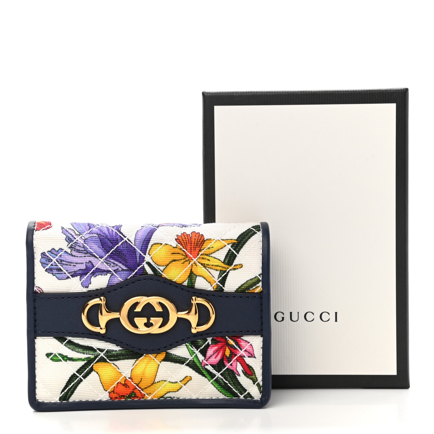 Gucci Canvas Flora Floral Trapuntata Zumi Card Case Wallet Great White Multicolor Blue Agata 8 of 8