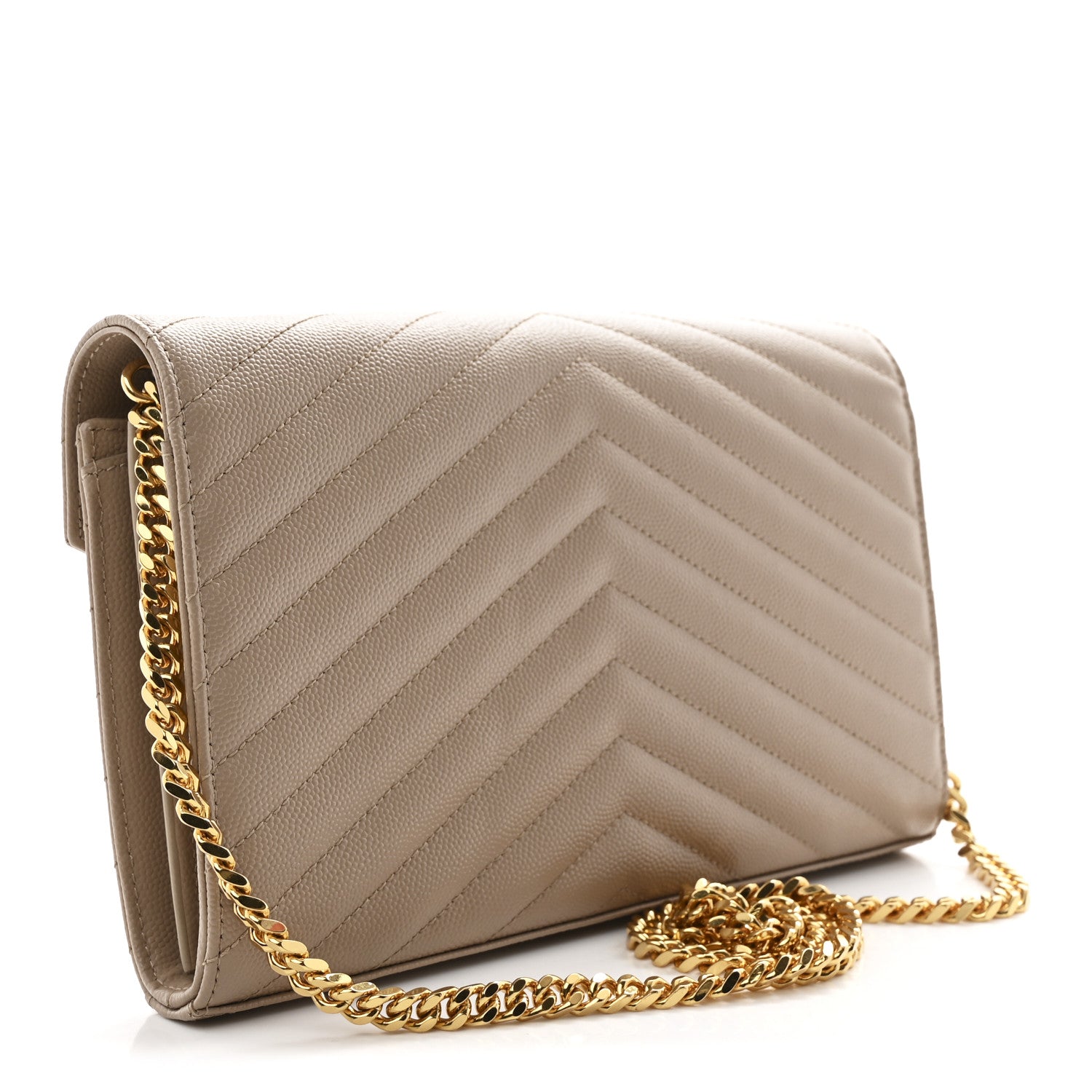 Saint Laurent Grain De Poudre Matelasse Chevron Monogram Chain Wallet Dark Beige 3 of 11
