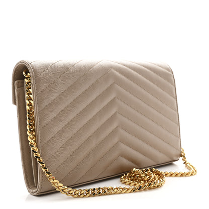 Saint Laurent Grain De Poudre Matelasse Chevron Monogram Chain Wallet Dark Beige 3 of 11