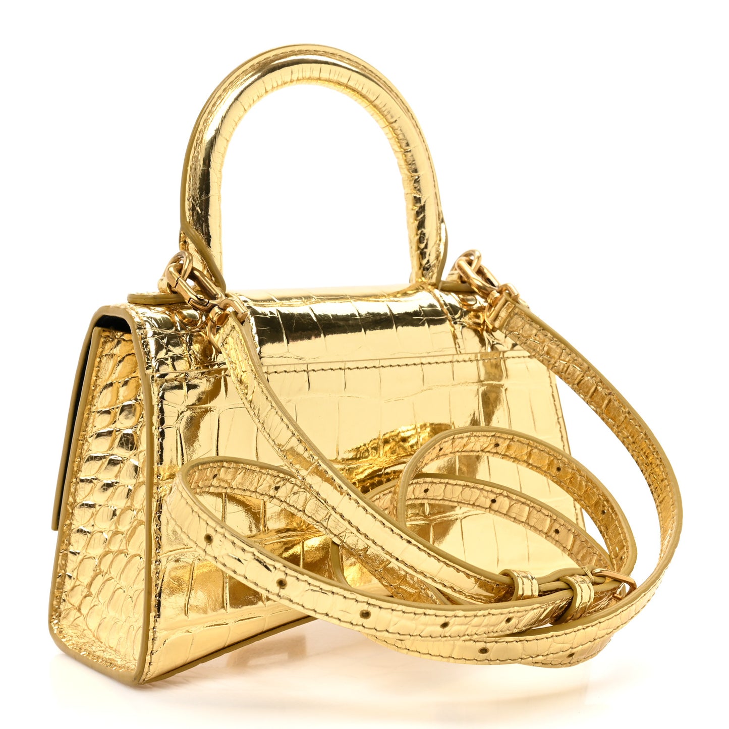 Metallic Calfskin Crocodile Embossed Hourglass Top Handle Bag XS Gold