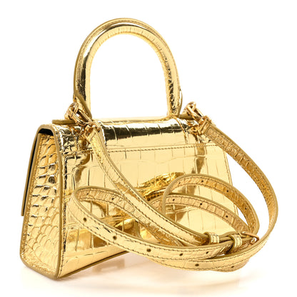 Balenciaga Metallic Calfskin Crocodile Embossed Hourglass Top Handle Bag XS Gold 3 of 14