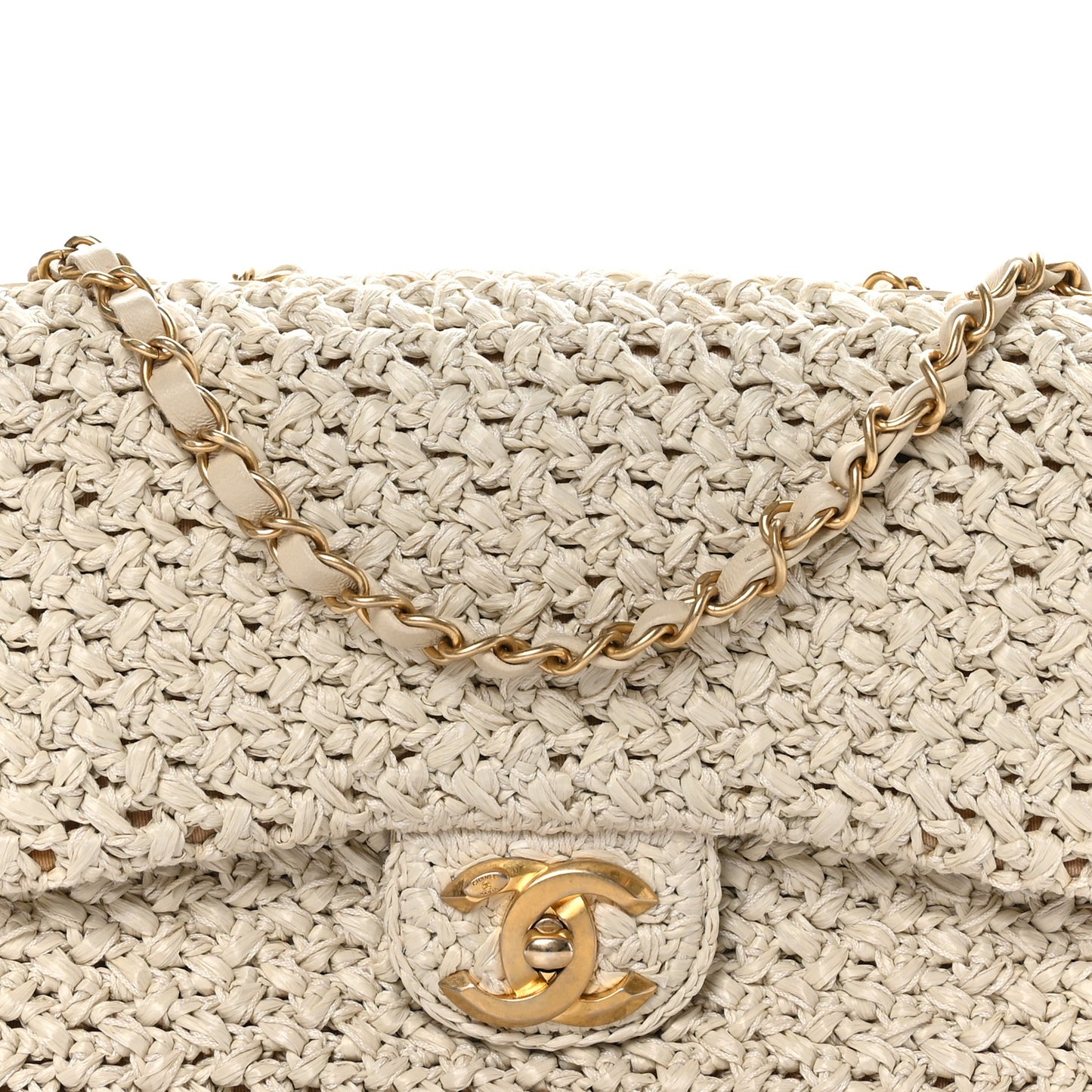 Raffia Crochet Medium Single Flap Bag Beige